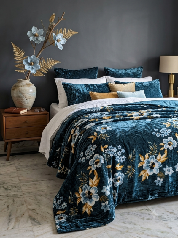 Royal Bloom Velvet Winter Blanket — Teal Floral